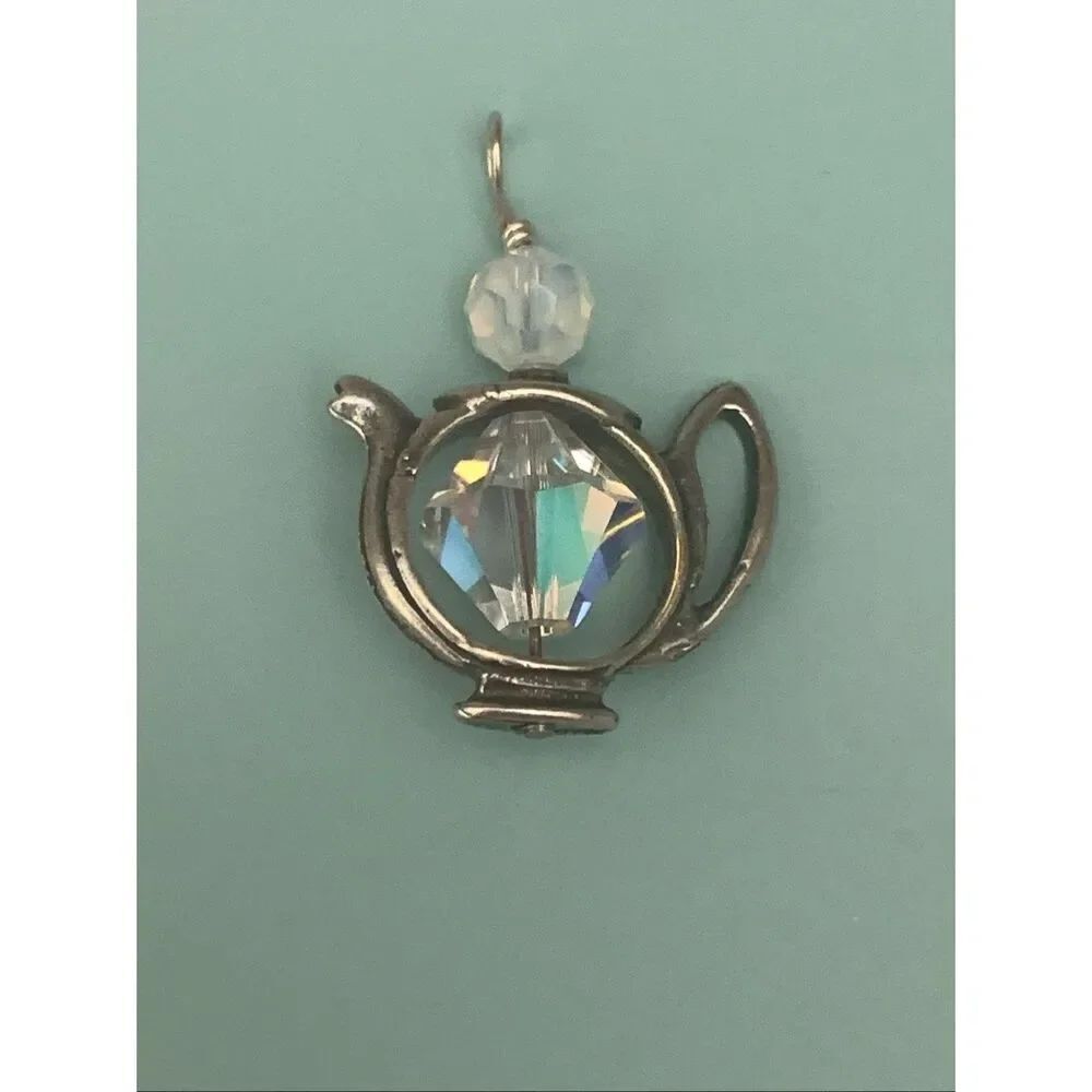 .925 Tea Pot with Clear AB Swarovski Crystal in Center Jewelry Charm